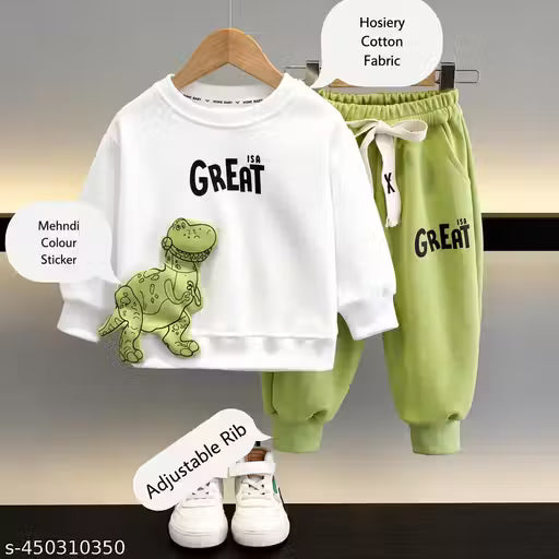 Boys & Girls Cotton Hosiery Dinosaur Printed Co-Ord Set | Full Sleeve Sweatshirt & Jogger Pants