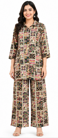 Women’s multicolor printed co-ord set with collared tie-waist top and matching wide-leg pants