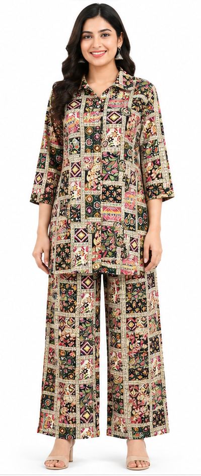 Women’s multicolor printed co-ord set with collared tie-waist top and matching wide-leg pants