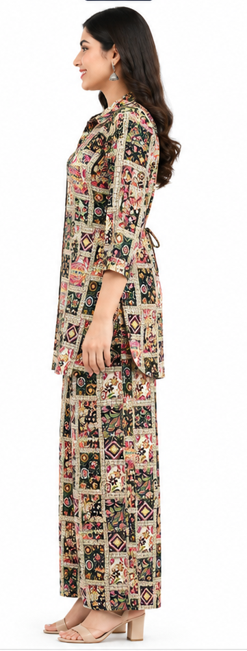 Women’s Multicolor Printed Co-Ord Set with Tie-Waist Top & Wide-Leg Pants