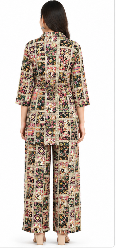 Women’s Multicolor Printed Co-Ord Set with Tie-Waist Top & Wide-Leg Pants