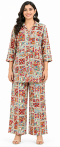 Women’s multicolor printed co-ord set with collared 3/4 sleeve tie-waist top and wide-leg pants