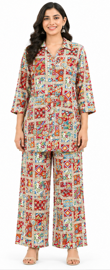 Women’s multicolor printed co-ord set with collared 3/4 sleeve tie-waist top and wide-leg pants