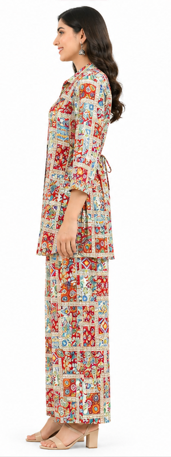 Women’s Multicolor Printed Co-Ord Set with Tie-Waist Top & Wide-Leg Pants