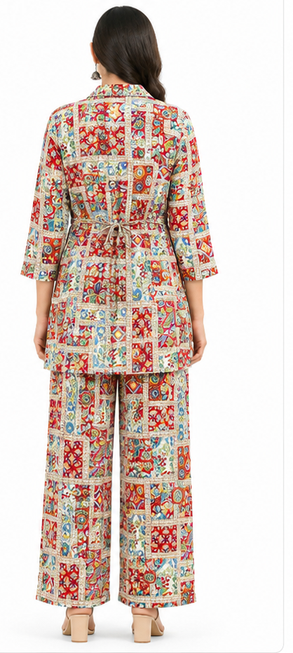 Women’s Multicolor Printed Co-Ord Set with Tie-Waist Top & Wide-Leg Pants