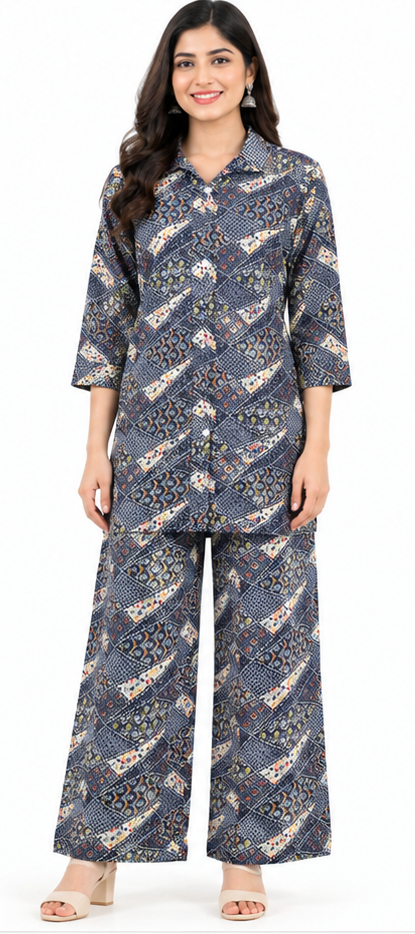 Women’s blue printed co-ord set with 3/4 sleeve tie-waist top and matching wide-leg pants