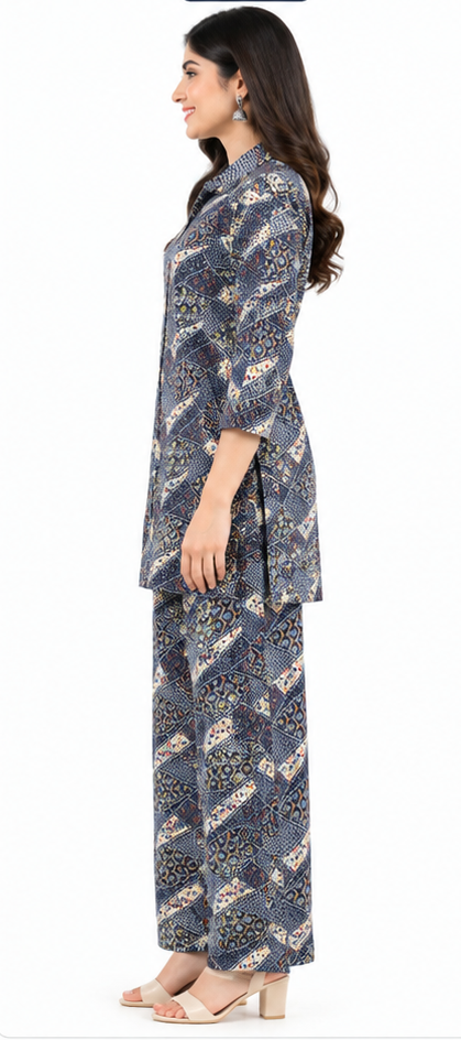 Women’s Blue Printed Co-Ord Set with Tie-Waist Top & Wide-Leg Pants