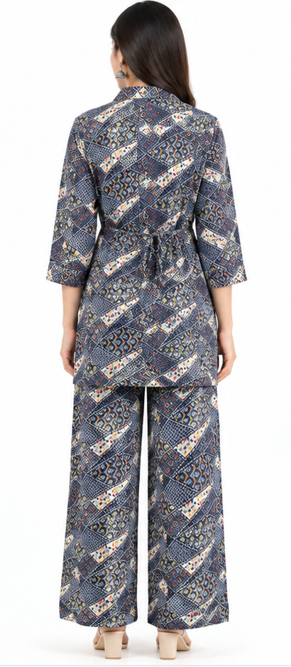 Women’s Blue Printed Co-Ord Set with Tie-Waist Top & Wide-Leg Pants