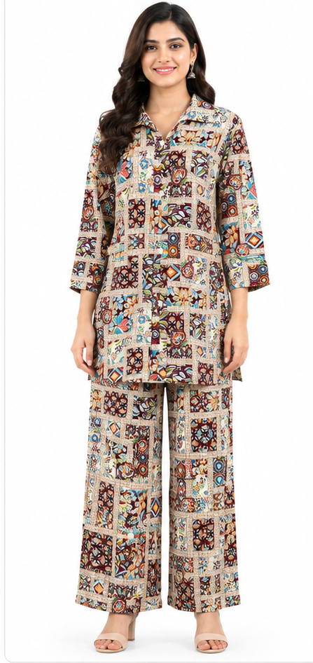 Women’s multicolor printed co-ord set with 3/4 sleeve tie-waist top and wide-leg pants