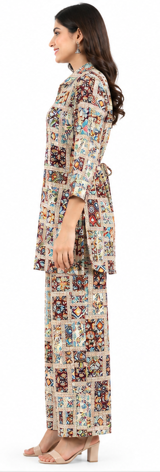 Women’s Multicolor Printed Co-Ord Set with Tie-Waist Top & Wide-Leg Pants