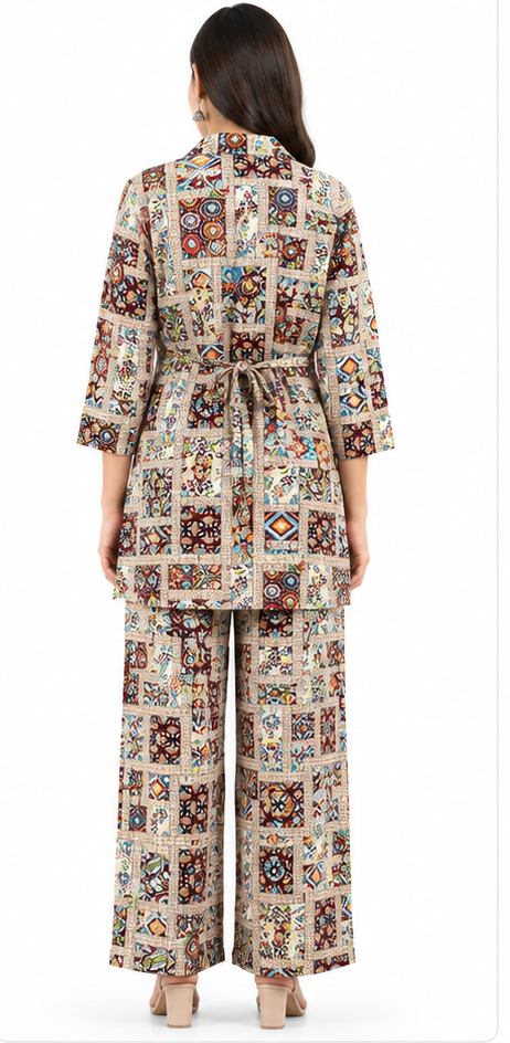 Women’s Multicolor Printed Co-Ord Set with Tie-Waist Top & Wide-Leg Pants