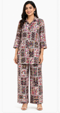 Women’s multicolor printed co-ord set with 3/4 sleeve tie-waist top and wide-leg pants