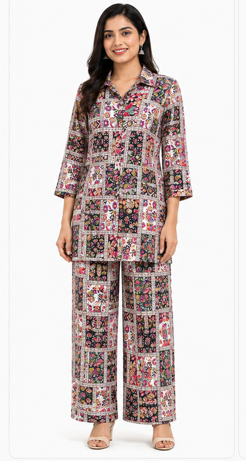Women’s multicolor printed co-ord set with 3/4 sleeve tie-waist top and wide-leg pants