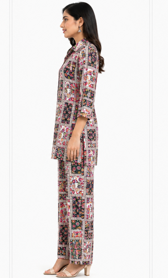 Women’s Multicolor Printed Co-Ord Set with Tie-Waist Top & Wide-Leg Pants