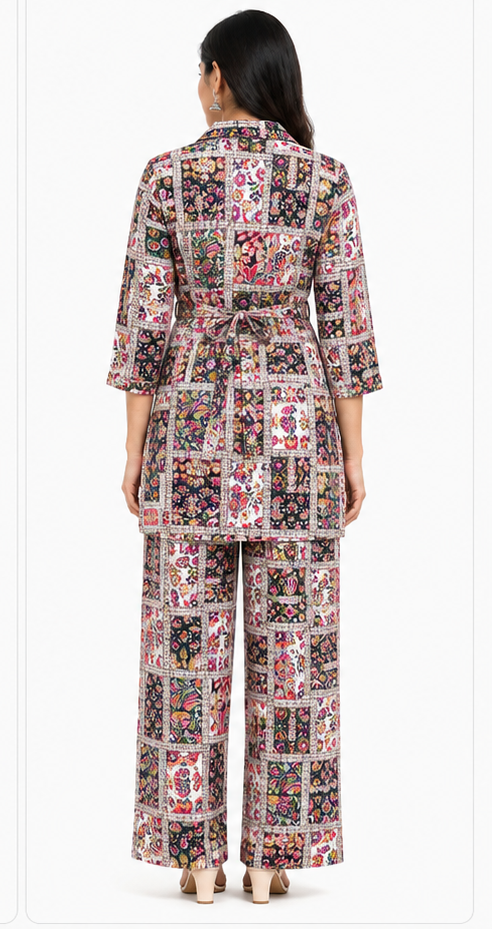 Women’s Multicolor Printed Co-Ord Set with Tie-Waist Top & Wide-Leg Pants