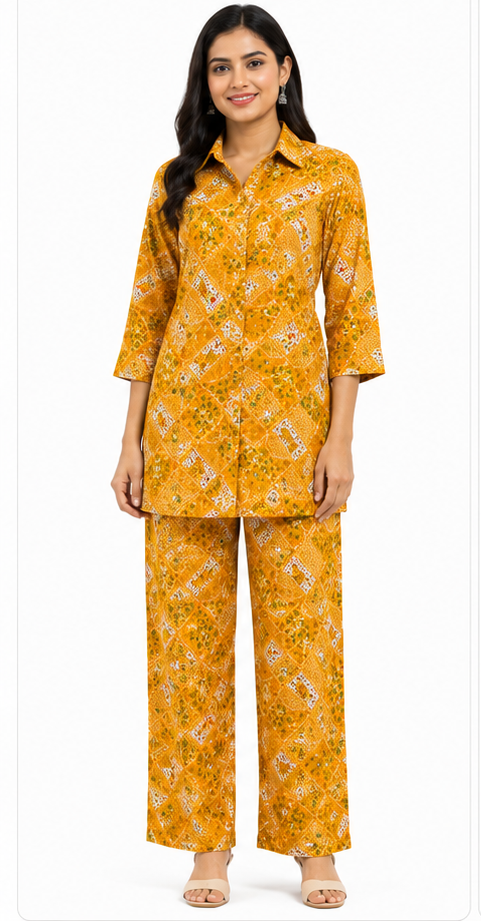 Mustard yellow printed kurta pant set for women with collared 3/4 sleeve top and matching pants