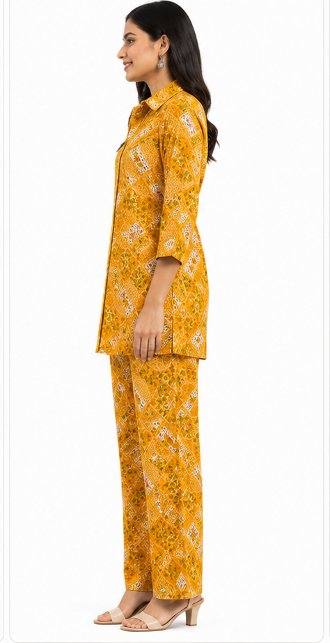 Mustard Yellow Printed Shirt Style Kurta Pant Set for Women