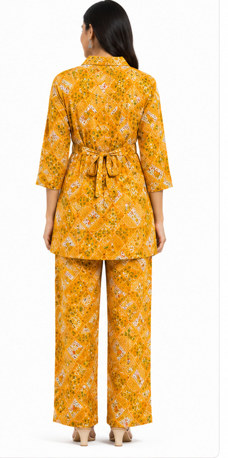 Mustard Yellow Printed Shirt Style Kurta Pant Set for Women