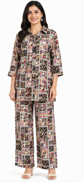 Multicolor printed kurta pant set for women with collared 3/4 sleeve top and matching straight-leg pants