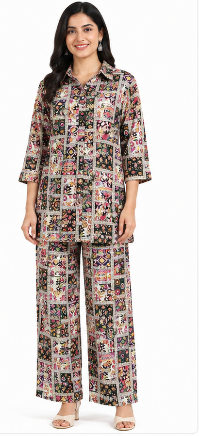 Multicolor printed kurta pant set for women with collared 3/4 sleeve top and matching straight-leg pants