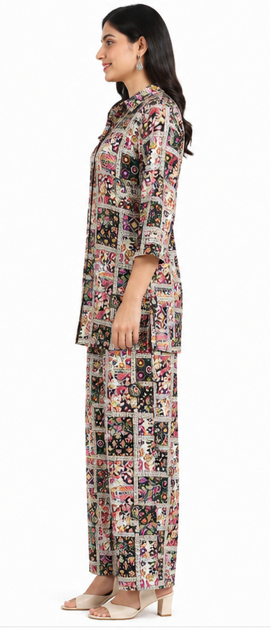 Multicolor Printed Shirt Style Kurta Pant Set for Women
