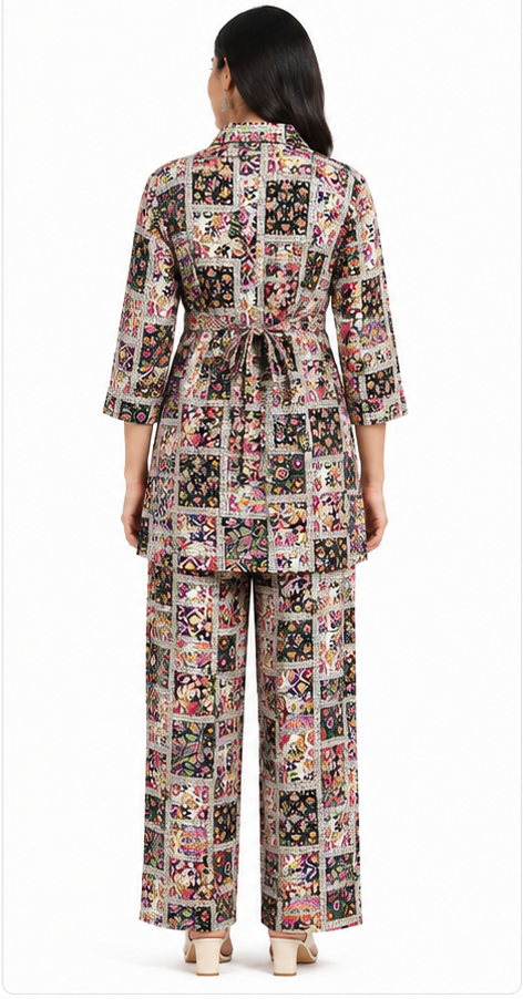 Multicolor Printed Shirt Style Kurta Pant Set for Women