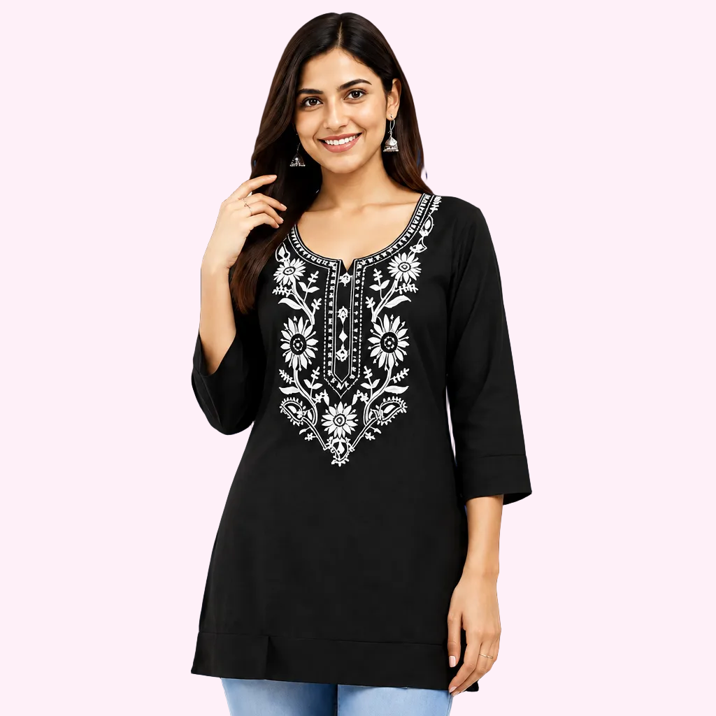 Women's black floral embroidered straight kurti with 3/4 sleeves