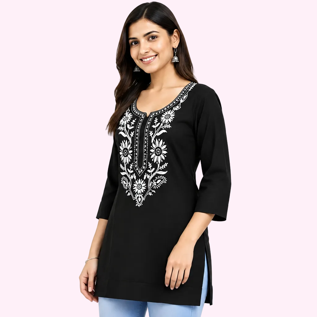 Women's Black Floral Embroidered-Style Kurti with 3/4 Sleeves