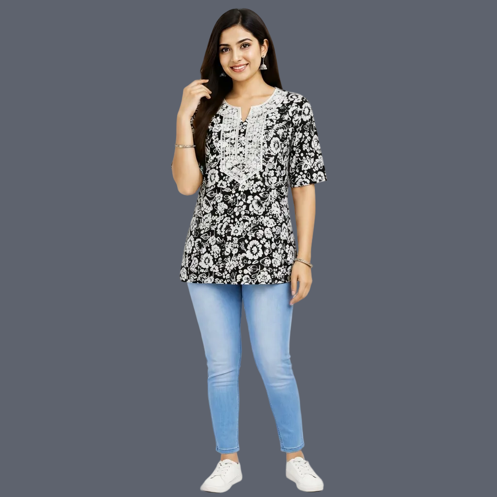 Women's black and white floral printed cotton free size short kurti for casual daily wear.