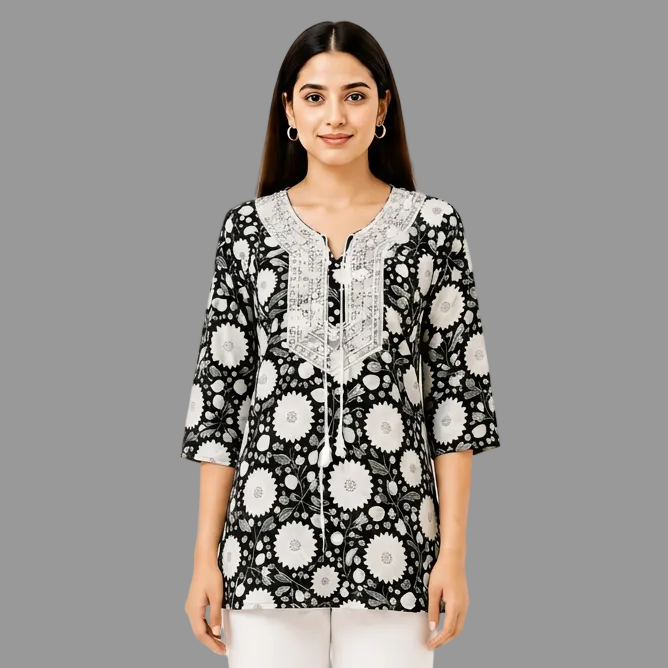 Women's Black Floral Printed Cotton Short Kurti with Embroidered Yoke and Tassel Neck, Free Size Casual Daily Wear Tunic Top
