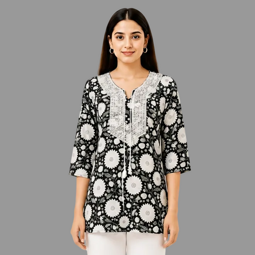 Women's Black Floral Printed Cotton Short Kurti with Embroidered Yoke and Tassel Neck, Free Size Casual Daily Wear Tunic Top