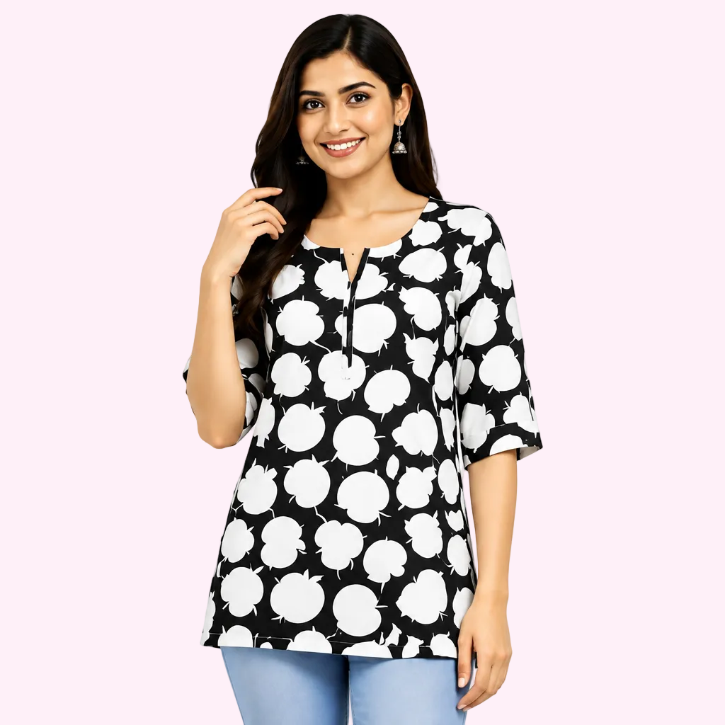 Women's black and white floral printed kurti with 3/4 sleeves
