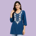 Women's Blue Cotton Embroidered Short Kurti with White Floral Embroidery, Free Size Casual Daily Wear Cotton Tunic Top

