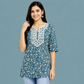 Women's teal blue floral printed cotton free size short kurti with designer neckline for casual and daily wear.
