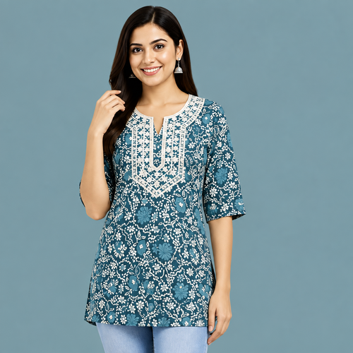 Women's teal blue floral printed cotton free size short kurti with designer neckline for casual and daily wear.