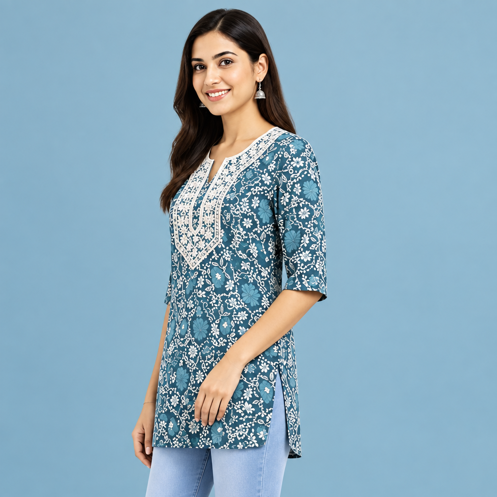 A woman modeling a teal blue and white floral printed kurta with a lace-trimmed V-neckline, paired with light blue jeans against a light gray background.