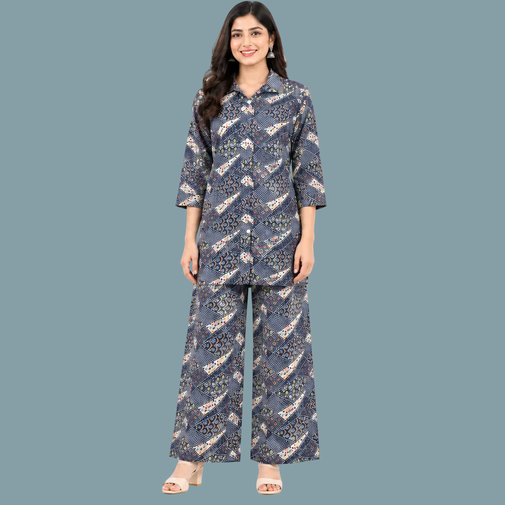 Women’s blue printed co-ord set with 3/4 sleeve tie-waist top and matching wide-leg pants