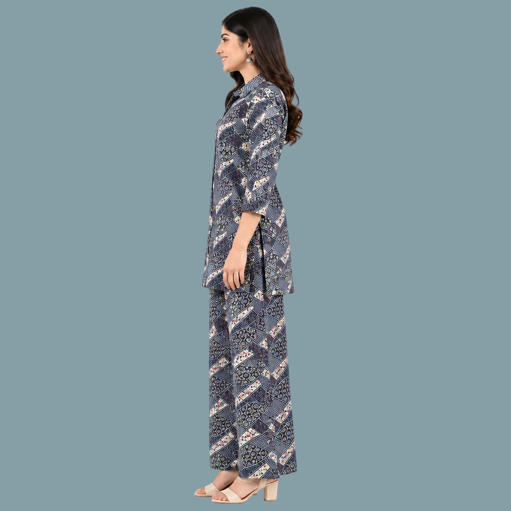 Women’s Blue Printed Co-Ord Set – Stylish Shirt & Wide-Leg Pants