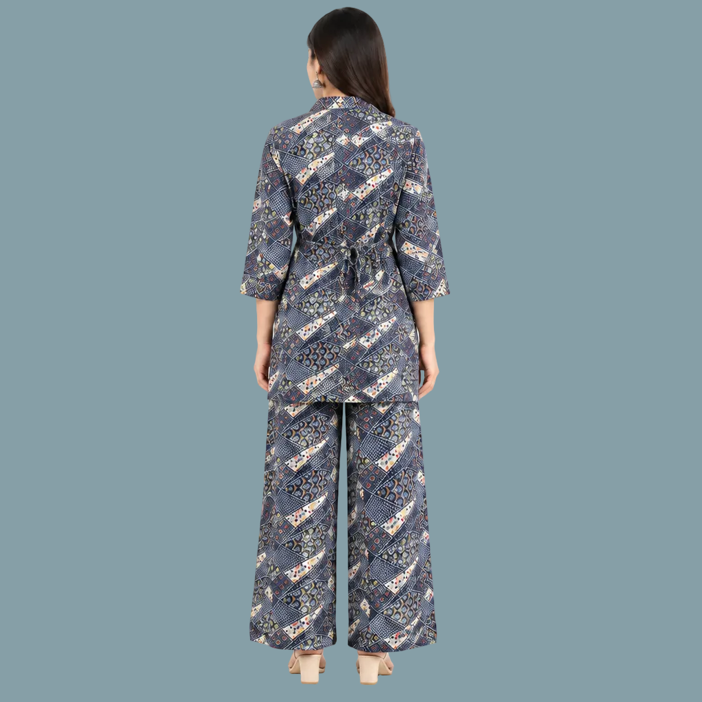 Women’s Blue Printed Co-Ord Set – Stylish Shirt & Wide-Leg Pants