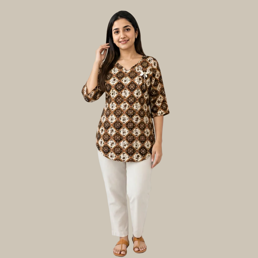 Model wearing a brown geometric printed cotton free size short kurti with 3/4 sleeves, lightweight breathable fabric, perfect for casual wear, office, college, and everyday fashion.