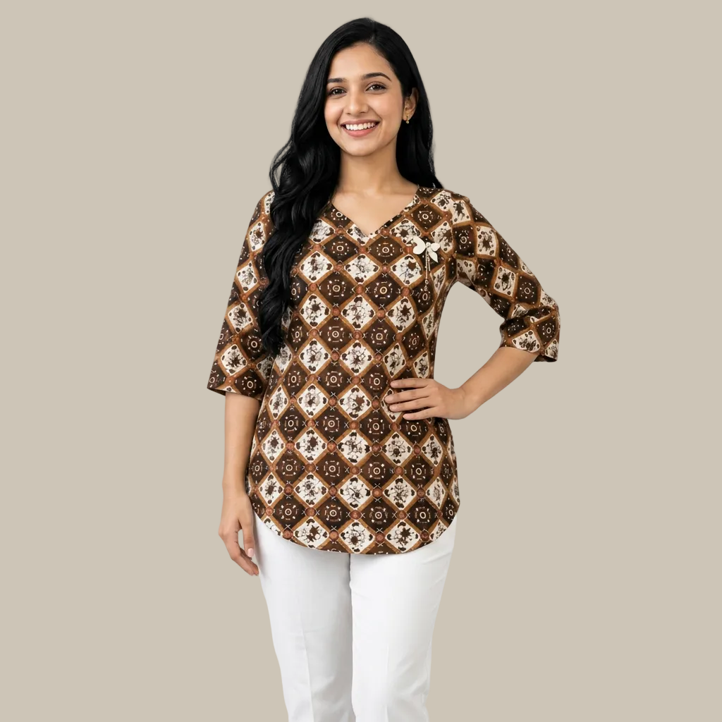 A woman wearing a brown, beige, and white patterned tunic top with three-quarter sleeves, paired with light beige pants, set against a plain white background.