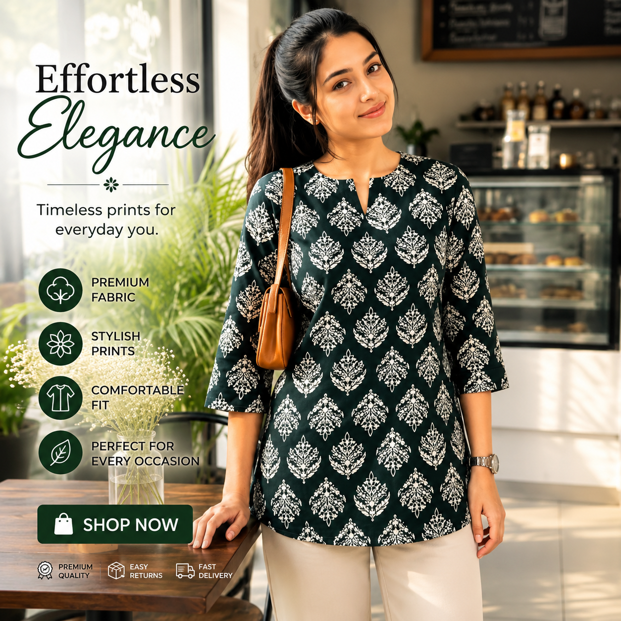Women's Teal Green Printed Rayon Tunic Top | Elegant Keyhole Neck 3/4 Sleeve Casual & Office Wear