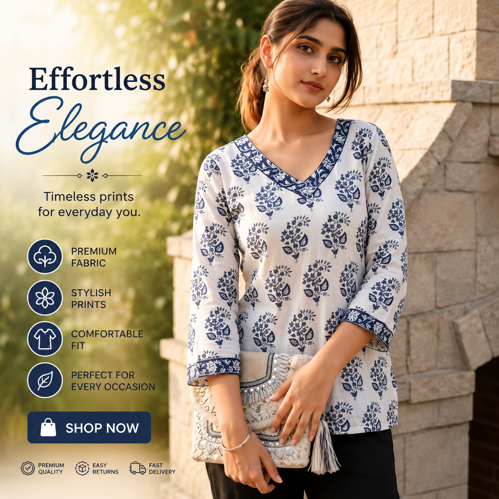 Women's Ethnic Printed Cotton Short Kurta Top | Stylish 3/4 Sleeve Casual, Office & Daily Wear Kurti