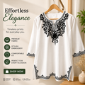 Women's White Rayon Chikankari Embroidered Top | Elegant Black Embroidery 3/4 Sleeve Casual, Office & Party Wear