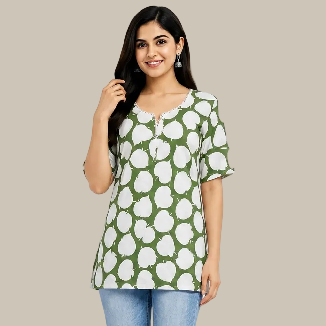 Women's green floral printed V-neck kurti with 3/4 sleeves