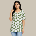 Women's green floral printed V-neck kurti with 3/4 sleeves