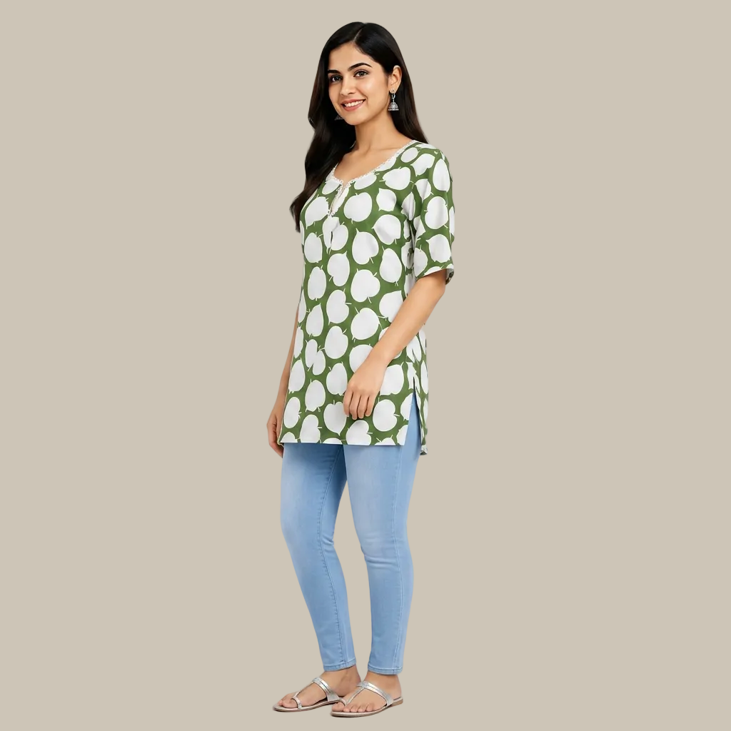 A woman modeling a green and white printed kurta with a keyhole neckline, short sleeves, and side slits, paired with light blue jeans against a plain white background.
