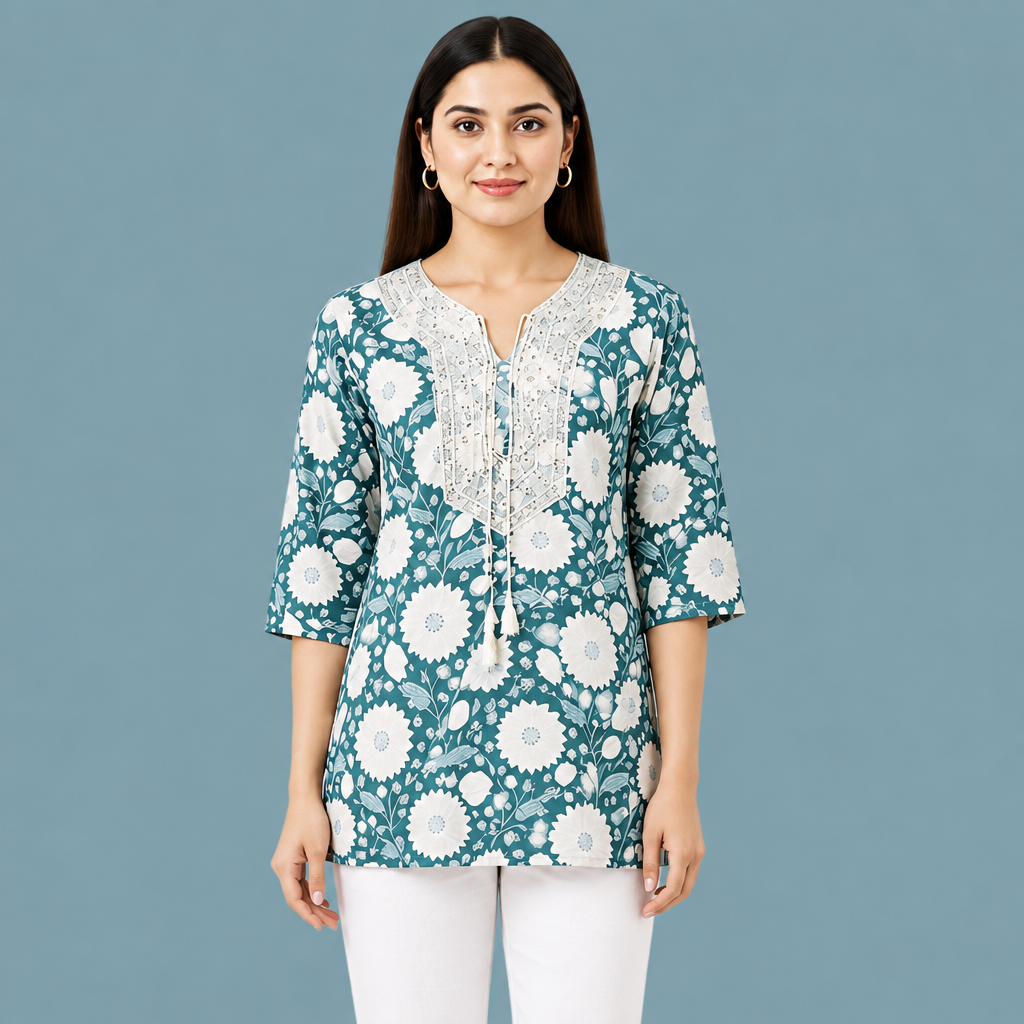 Women's Teal Blue Floral Printed Cotton Short Kurti with Lace Neck and Tassel Detail, Free Size Casual Daily Wear Tunic Top