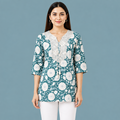 Women's Teal Blue Floral Printed Cotton Short Kurti with Lace Neck and Tassel Detail, Free Size Casual Daily Wear Tunic Top