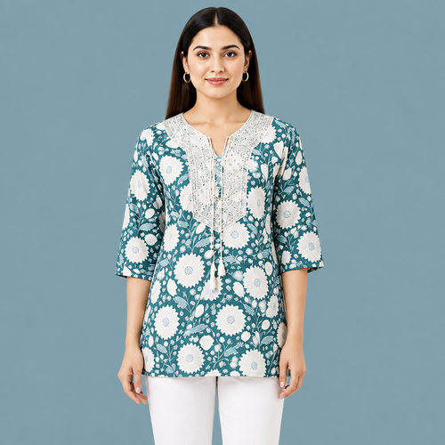 Women's Teal Blue Floral Printed Cotton Short Kurti with Lace Neck and Tassel Detail, Free Size Casual Daily Wear Tunic Top